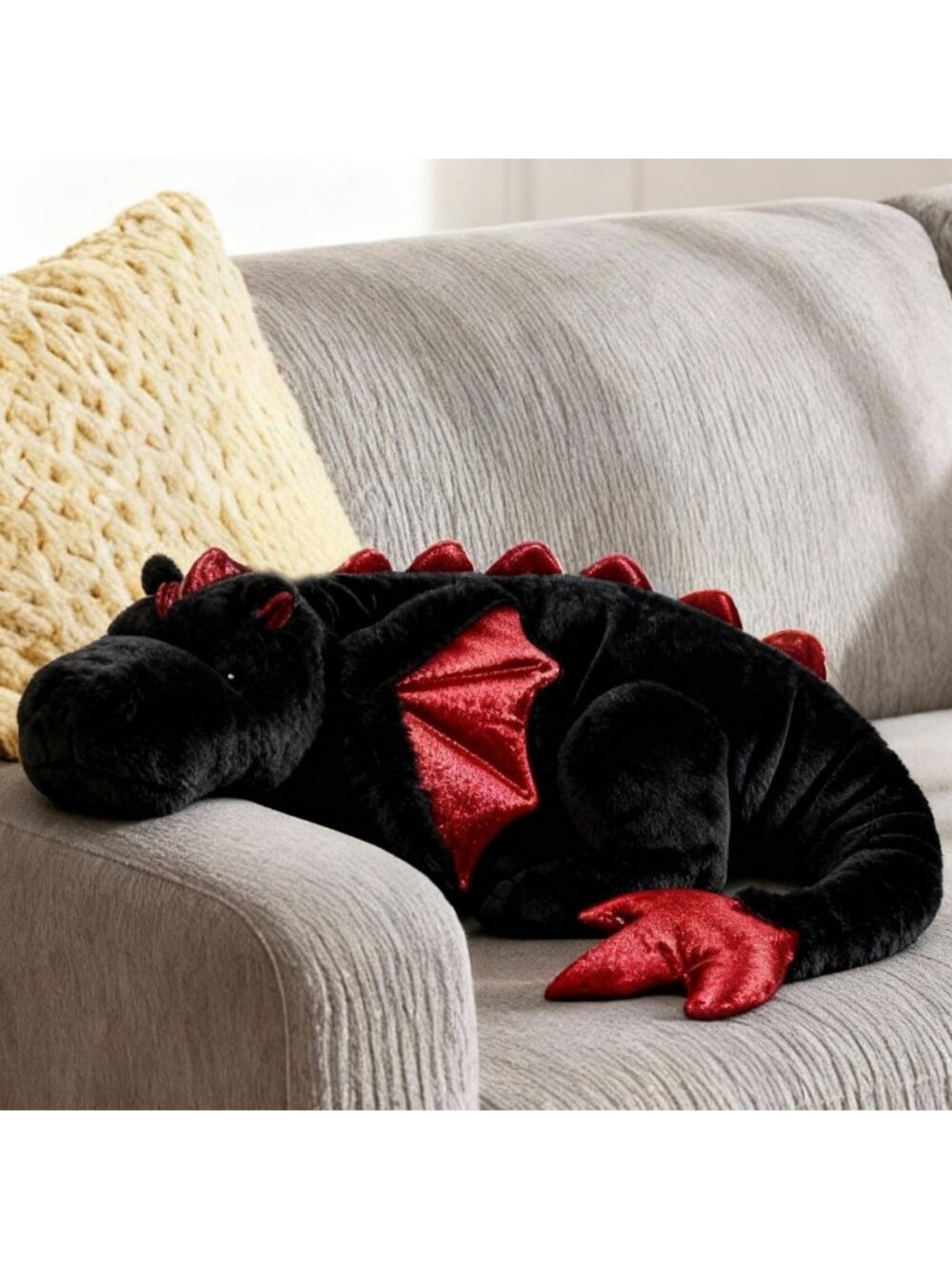Large 36in Cute Dragon Plush Toy - Soft Black Pterosaur Pillow, Fuzzy Cuddly